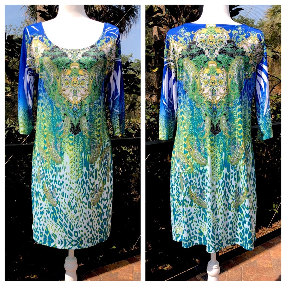 DRESS  size L blue green 3/4 sleeves